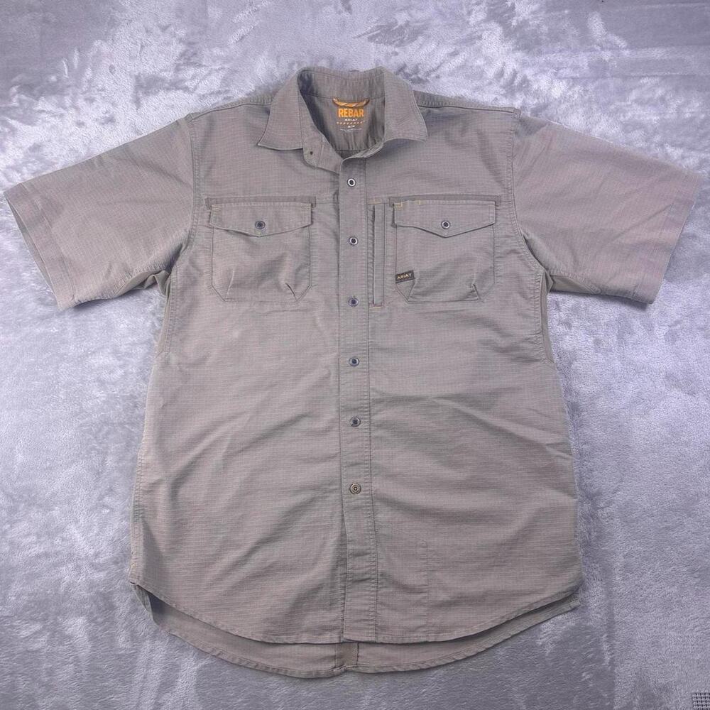 Ariat Rebar Men’s Medium Beige Check Short Sleeve Vented Work Shirt